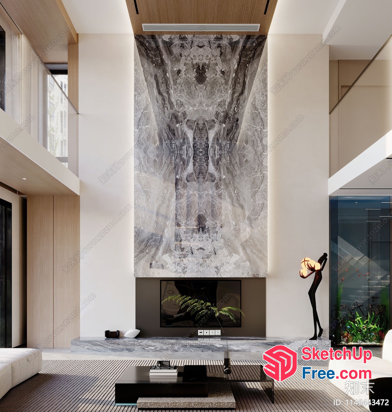 Elegant Modern Living Room With High Ceiling And Fireplace 3D SketchUp File