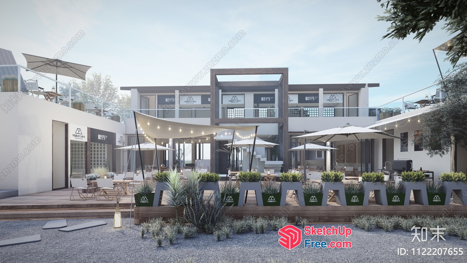 Modern Commercial Exterior With Balcony And Patio 3D SketchUp File