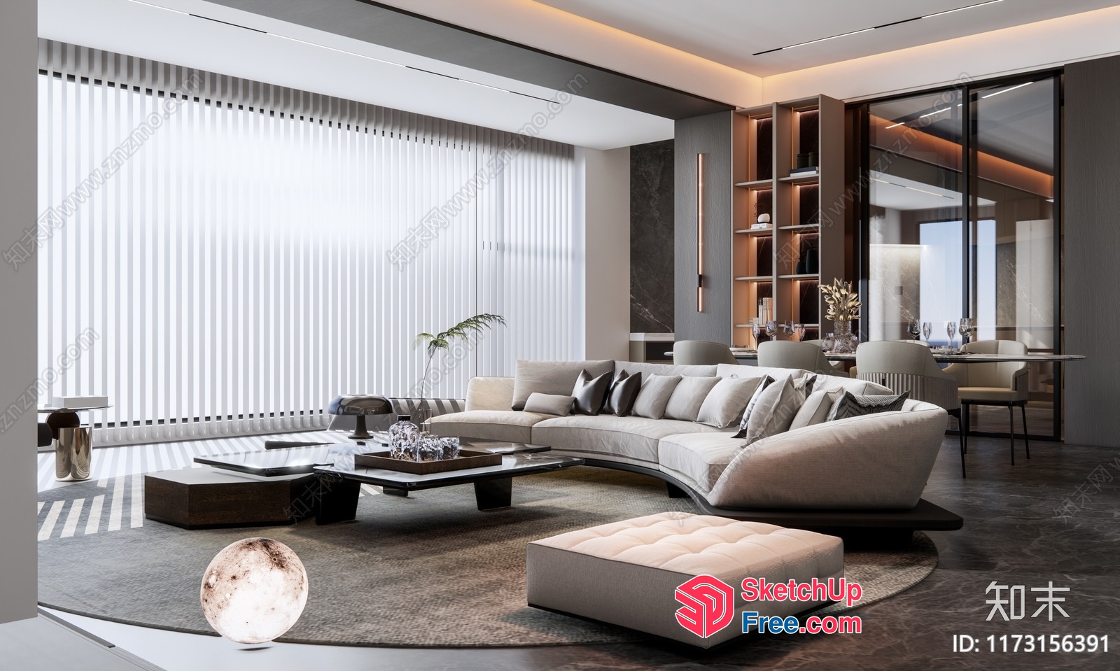 Elegant Modern Living Room With Curved Sofa And Large Windows 3D SketchUp File