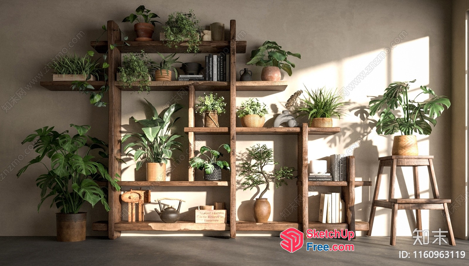 Lush Greenery Decorates Wooden Shelving Units 3D SketchUp File