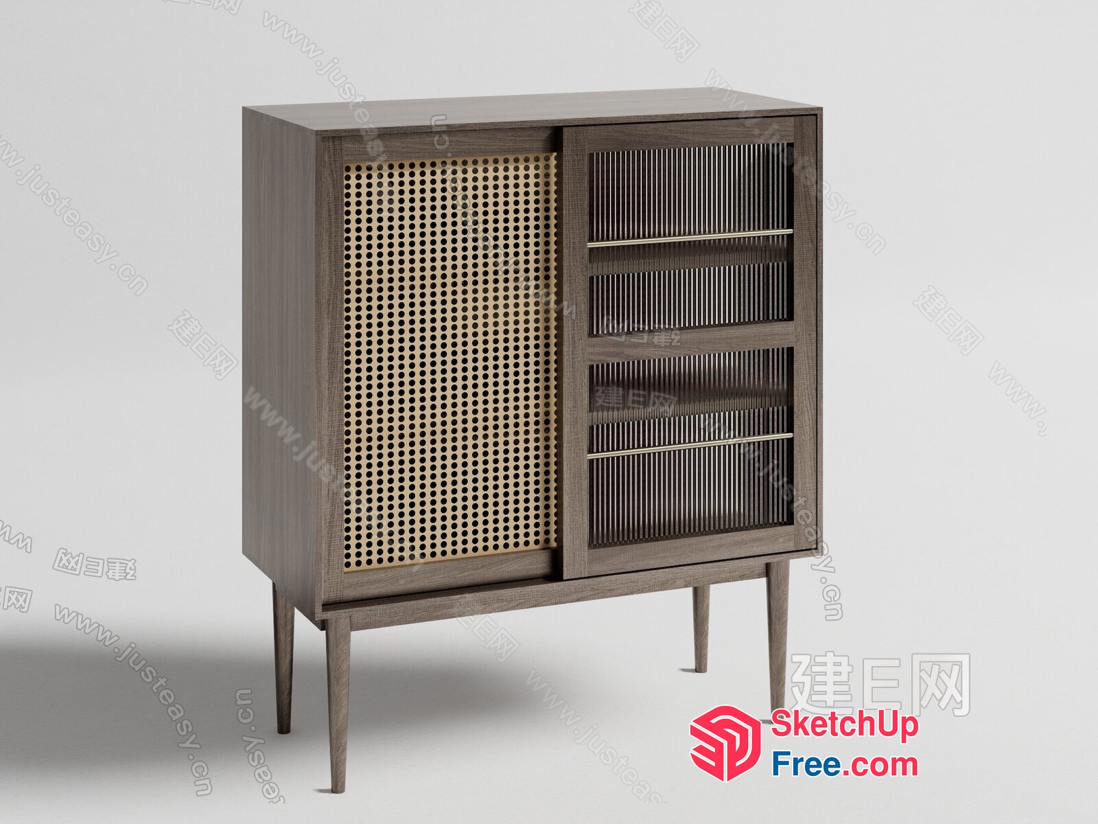 Wooden Cabinet With Rattan Door And Shelves 3D SketchUp File