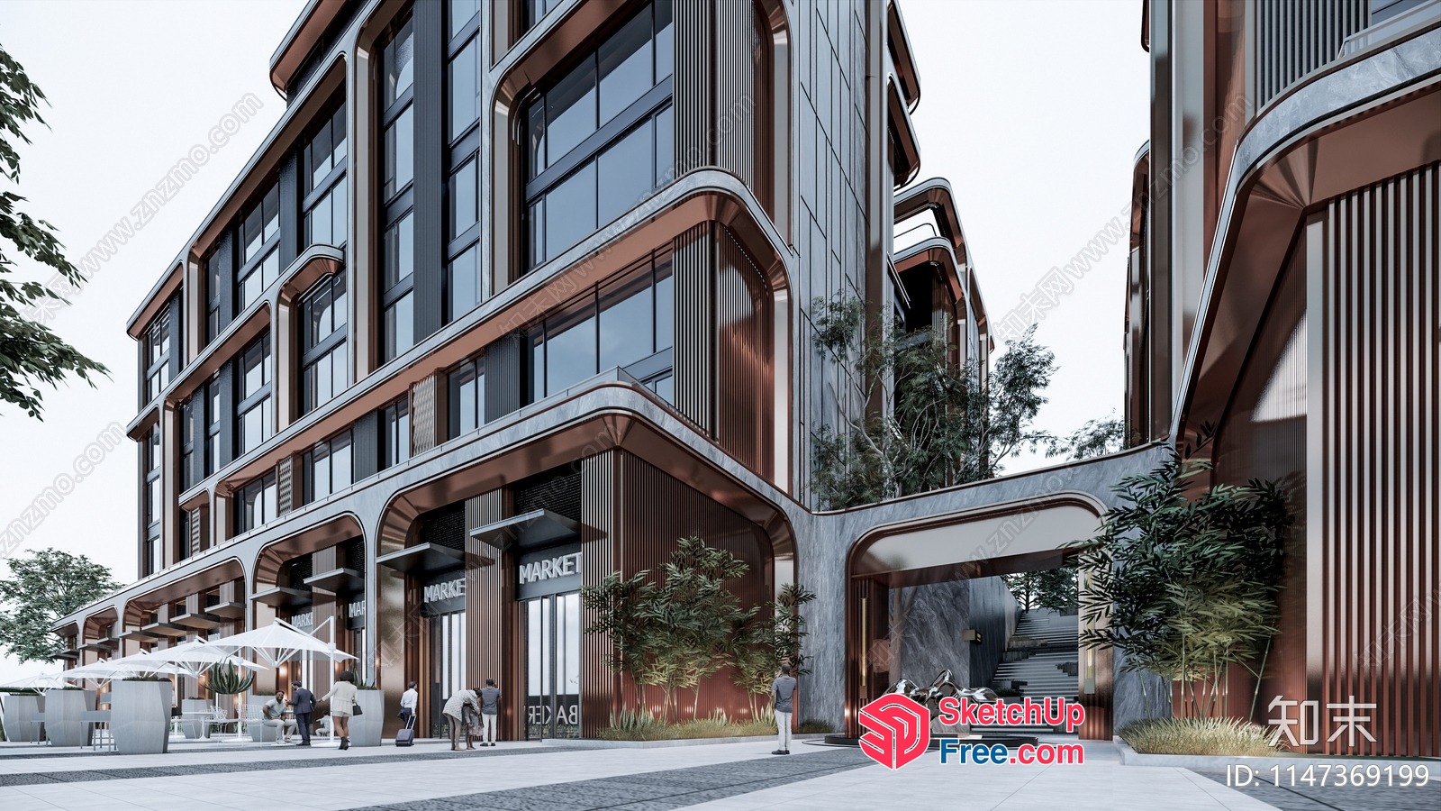 Modern Commercial Street Building With Market And Stairs 3D SketchUp File