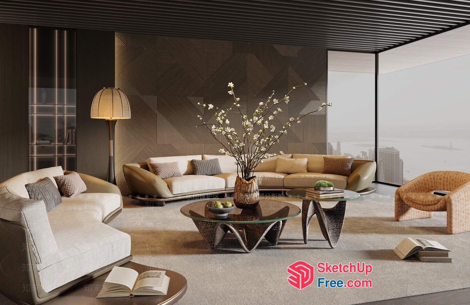 Modern Living Room With Curved Sofas And Glass Coffee Tables 3D SketchUp File