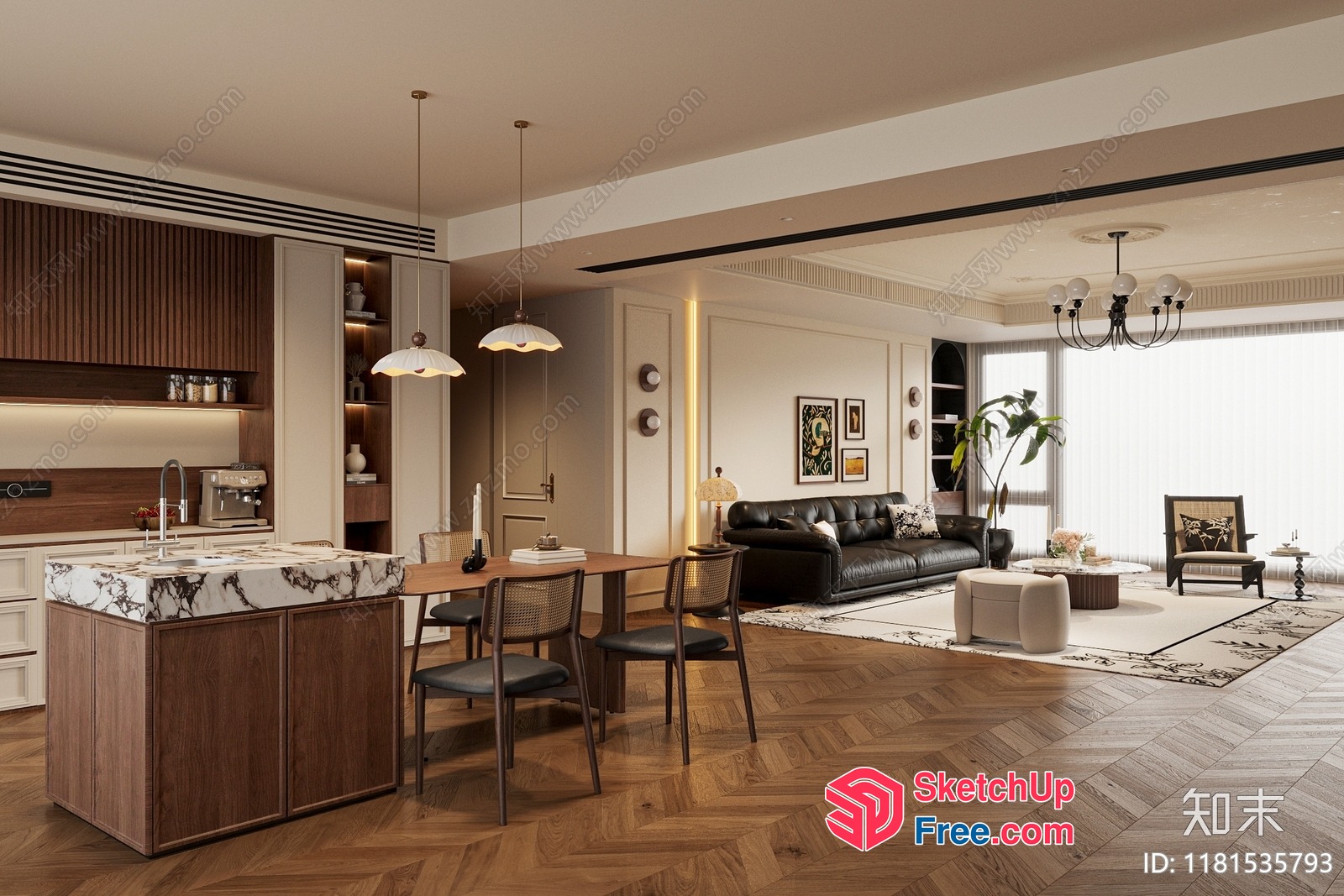 Modern Living Room And Kitchen Interior With Sleek Furniture 3D SketchUp File