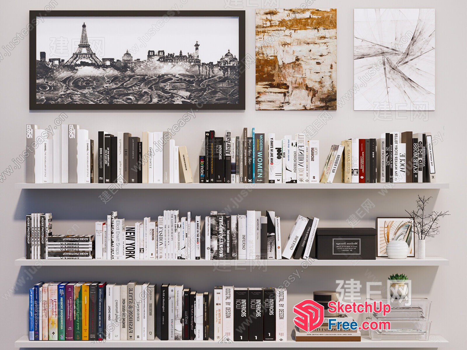 White Bookshelves With Minimalist Decor And Eiffel Tower Print 3D SketchUp File