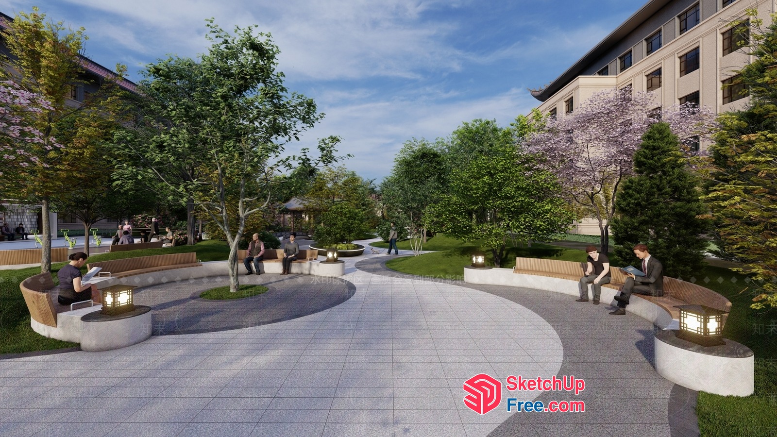 People Relaxing In A Serene Park With Curved Benches And Trees 3D SketchUp File
