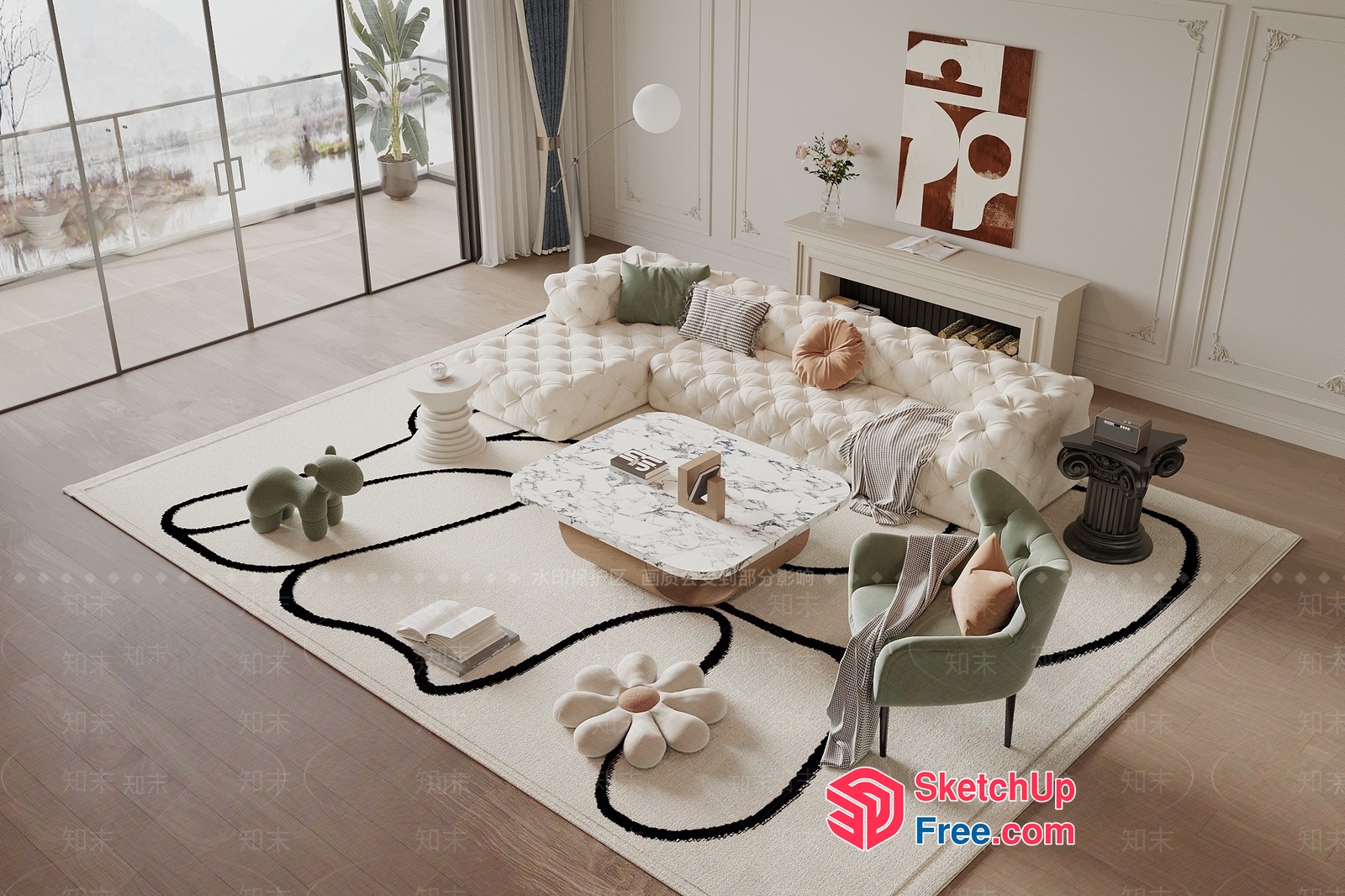 Modern Minimalist Living Room With Creamy Sofa 3D SketchUp File