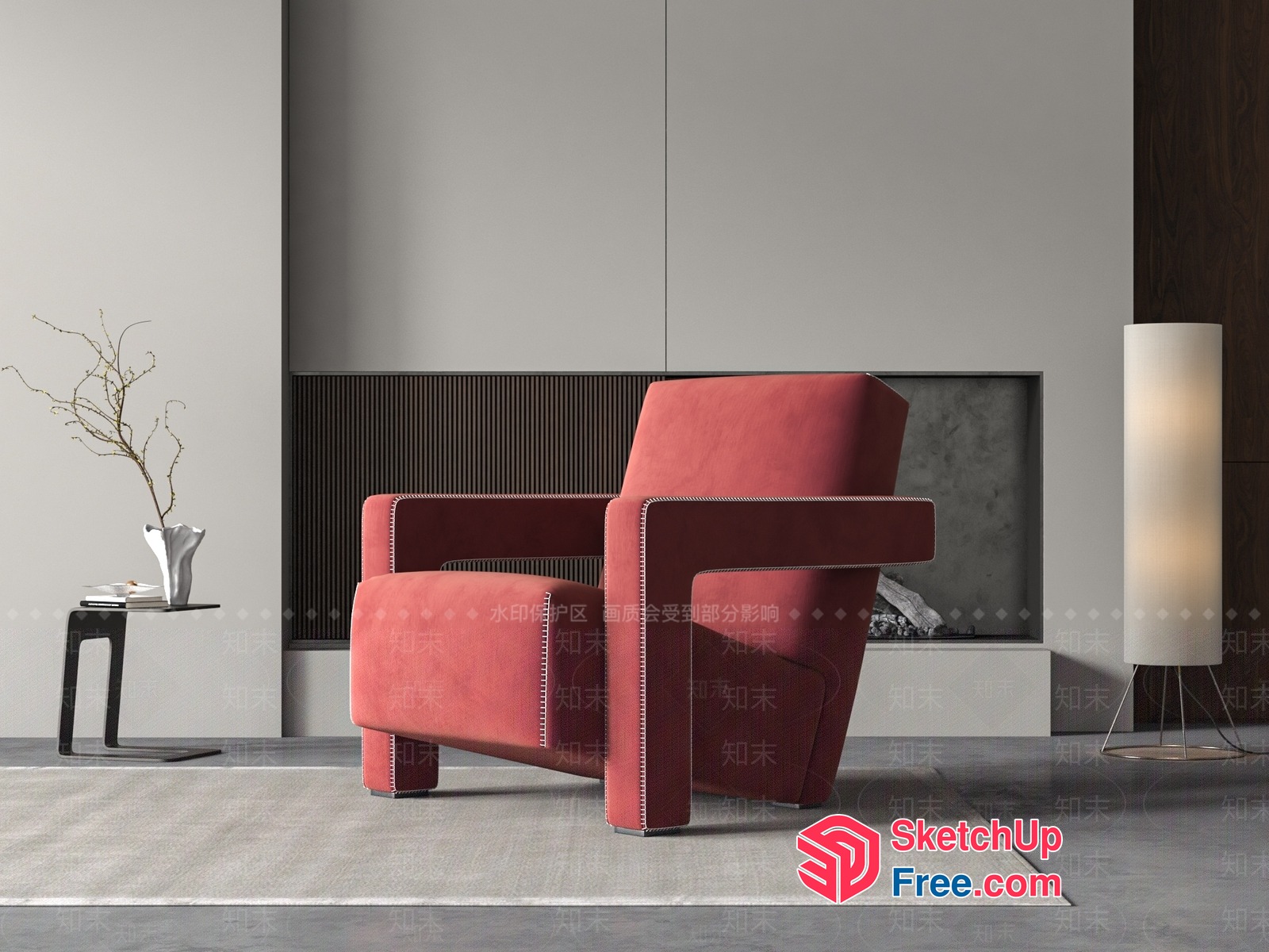 Minimalist Living Room Furniture With Pink Accent Chair 3D SketchUp File