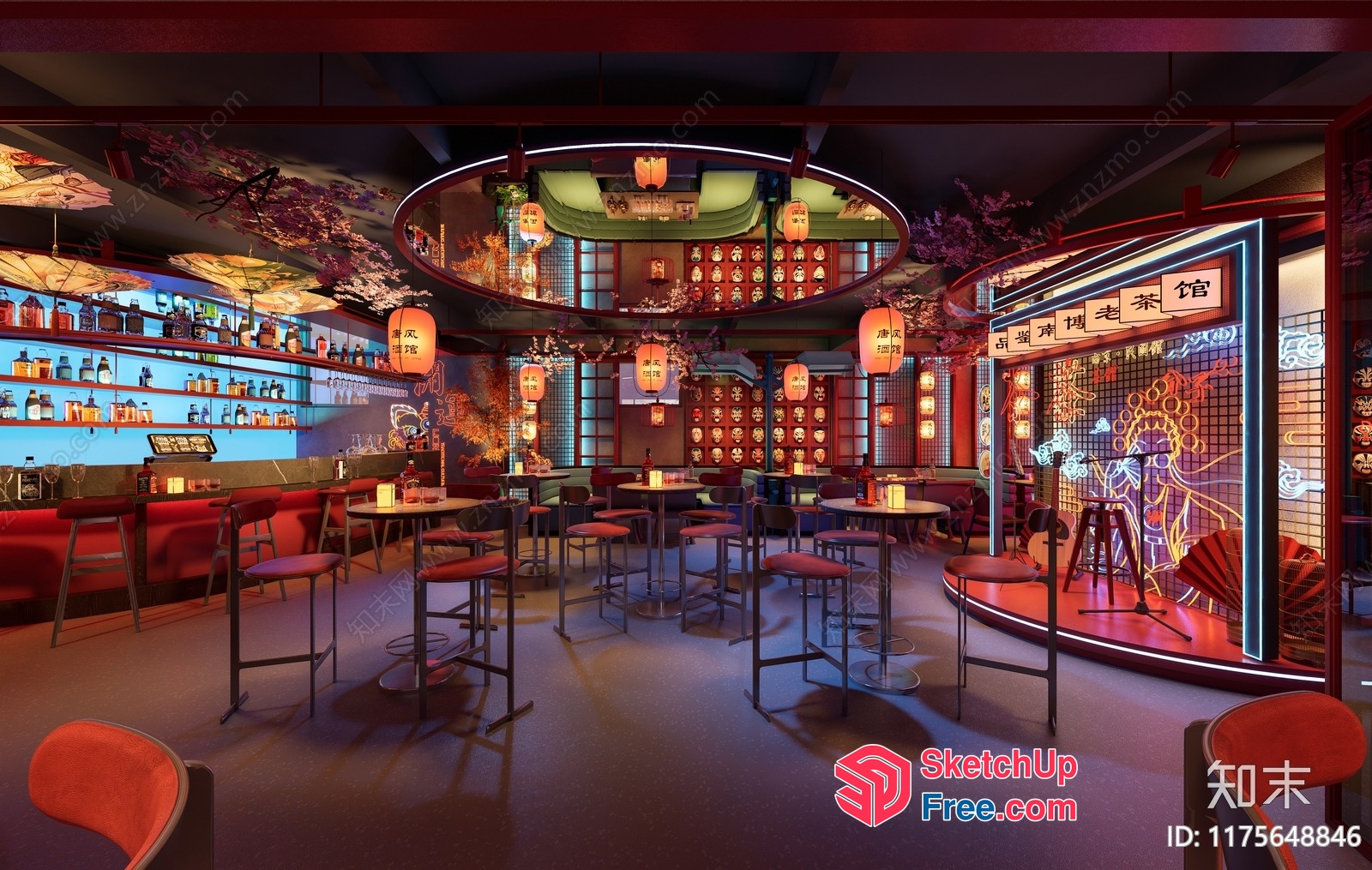 Asian-Inspired Bar With Vibrant Decor 3D SketchUp File
