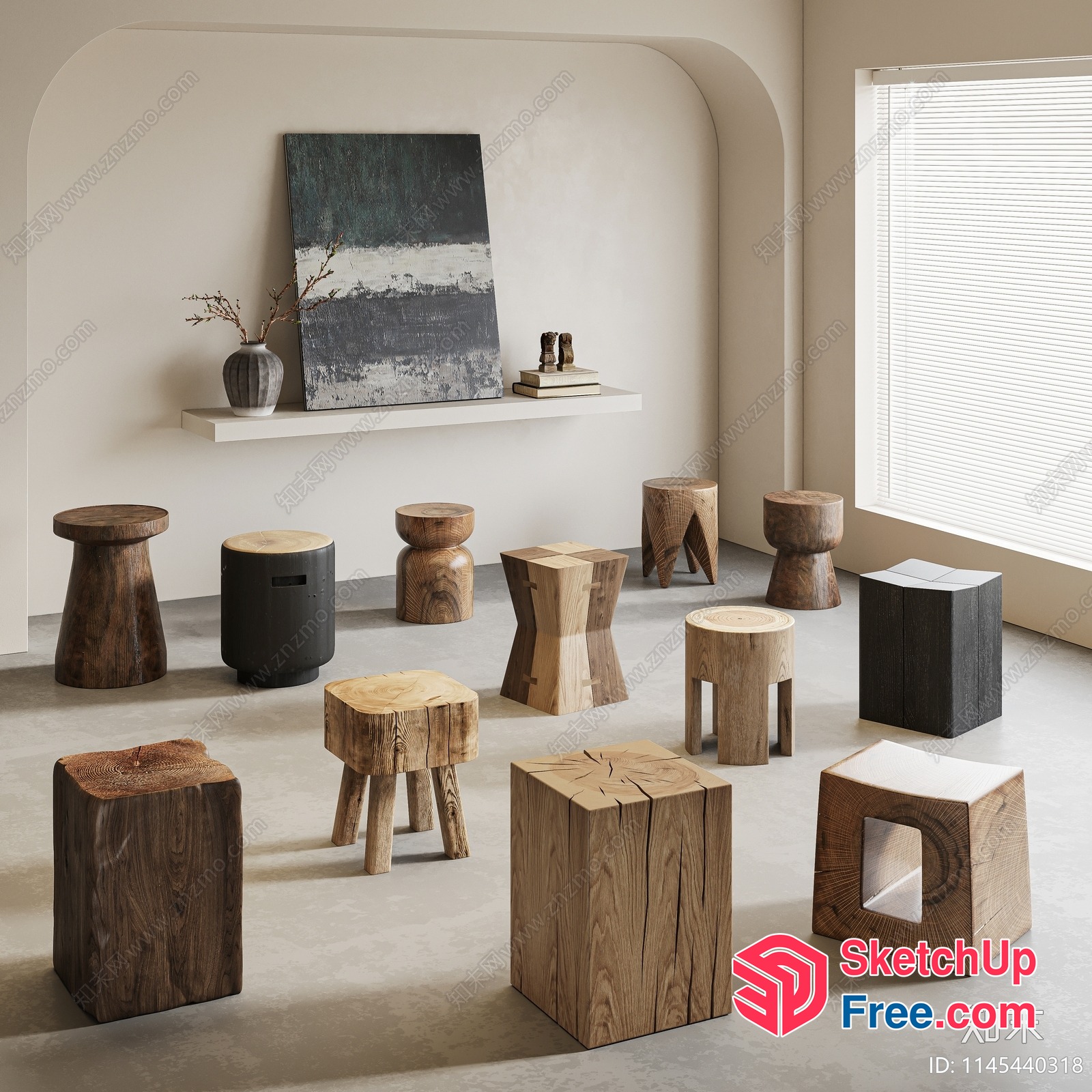Modern Minimalist Japanese Style Wood Stools And Tables 3D SketchUp File