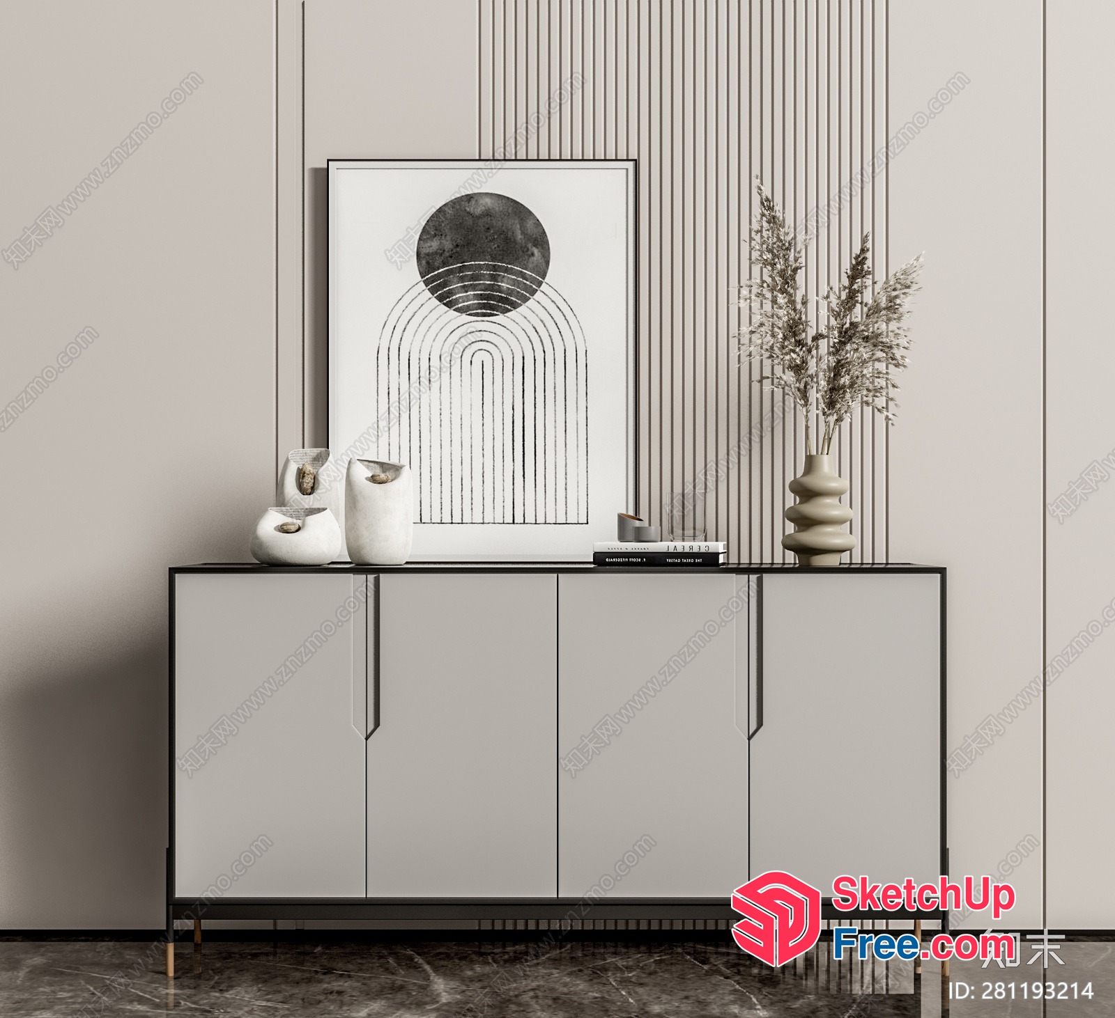 Minimalist Decorative Sideboard With Elegant Vase And Artwork 3D SketchUp File