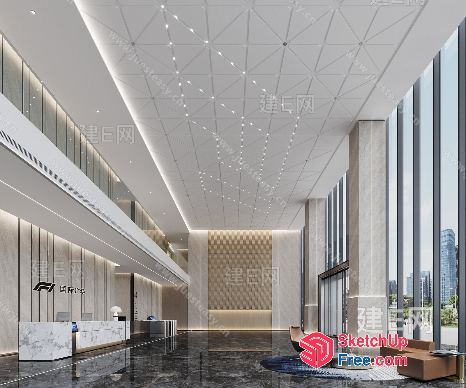 Modern Office Interior With High Ceiling And Marble Flooring 3D SketchUp File
