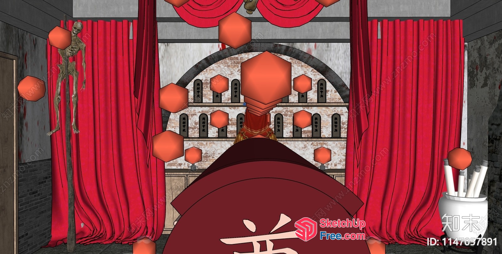 Asian-Inspired Interior With Red Curtains And Traditional Decor 3D SketchUp File