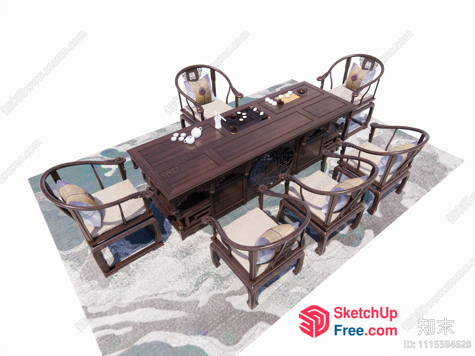 Elegant Chinese-Style Dining Set With Carved Chairs 3D SketchUp File
