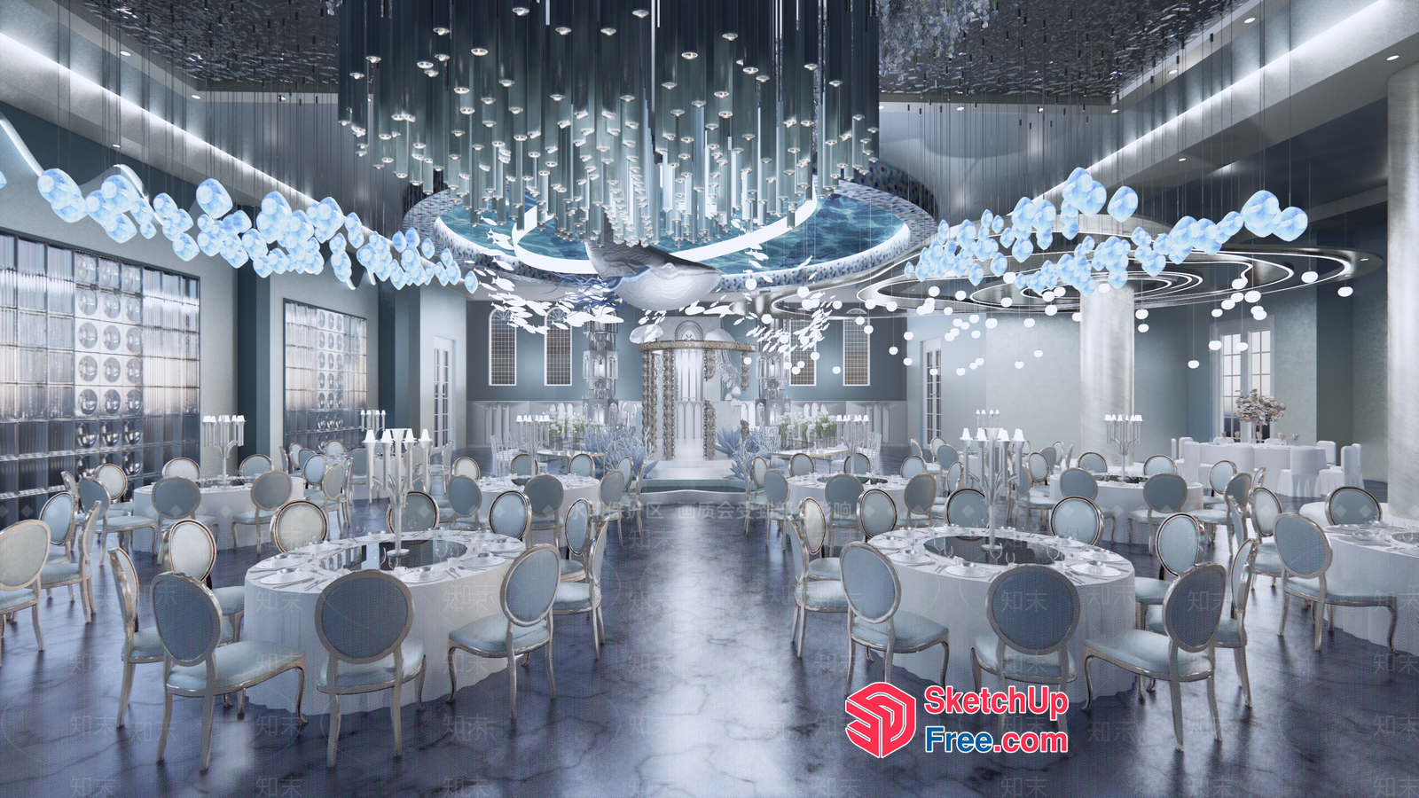 Luxurious Modern Dining Hall With Elegant White And Blue Decor 3D SketchUp File