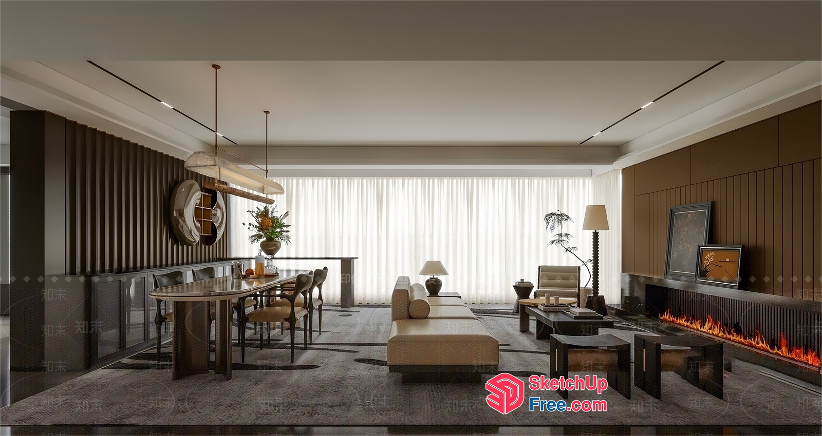 Modern Living Room With Fireplace And Dining Area 3D SketchUp File