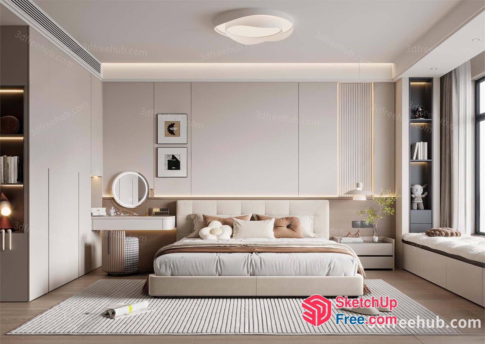 Modern Minimalist Bedroom With Beige And White Tones 3D SketchUp File