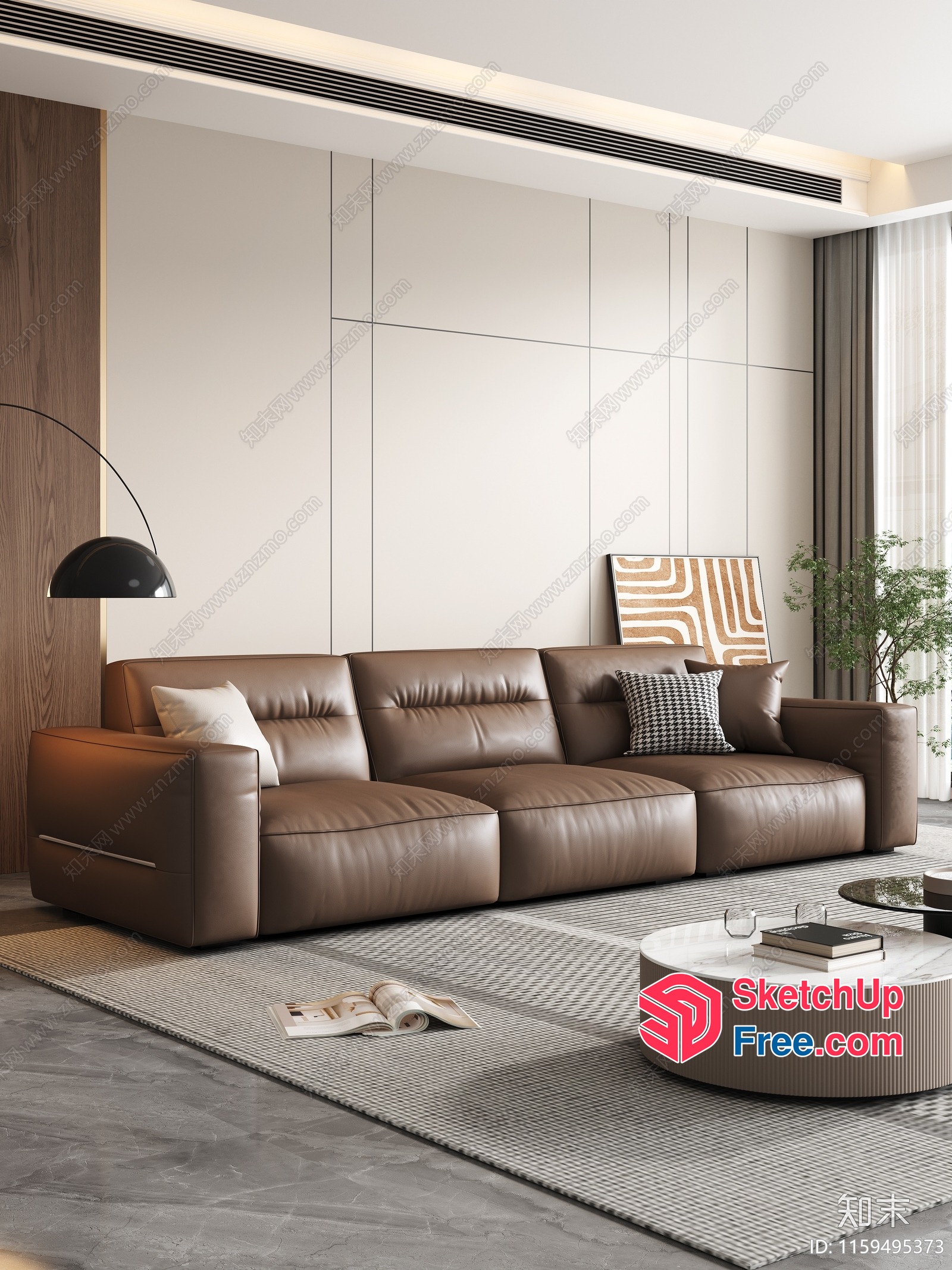 Modern Minimalist Living Room With Brown Leather Sofa And White Walls 3D SketchUp File