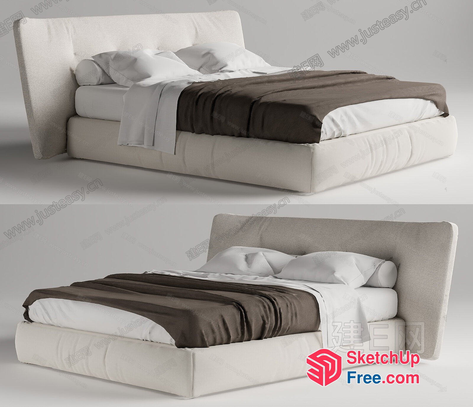 Modern Bed With Upholstered Headboard And Platform Base 3D SketchUp File
