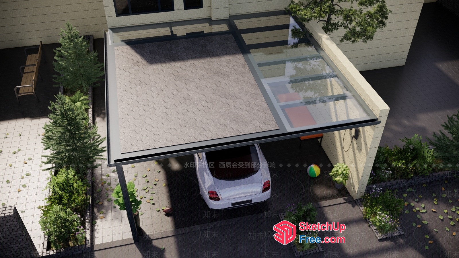 Carport With Glass Roof And White Car 3D SketchUp File