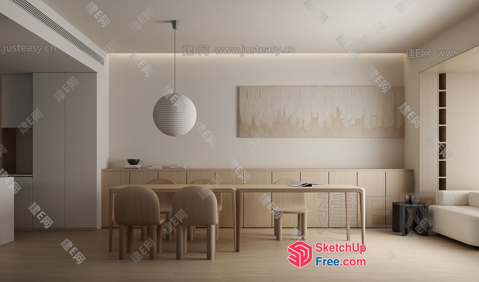 Minimalist Modern Japanese Style Dining Room With Light Wood Accents 3D SketchUp File