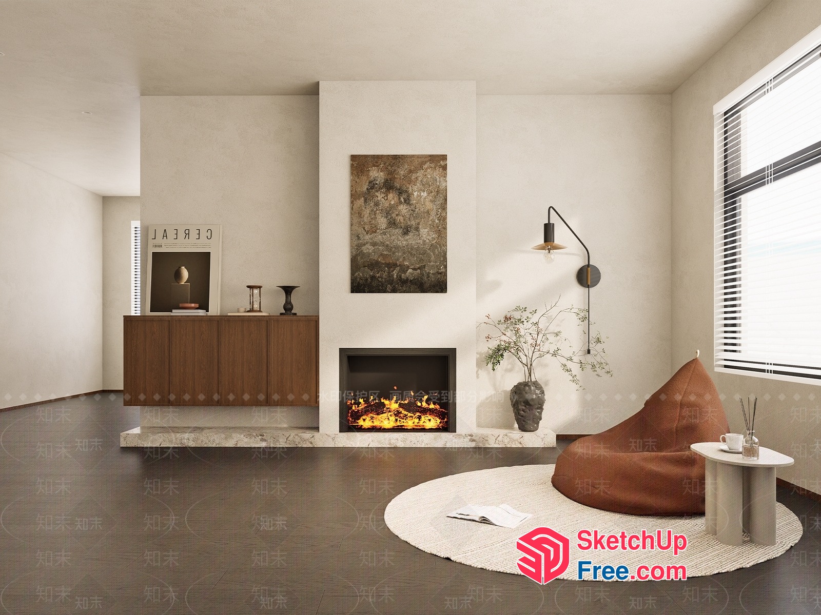 Modern Minimalist Living Room With Fireplace And Beige Rug 3D SketchUp File