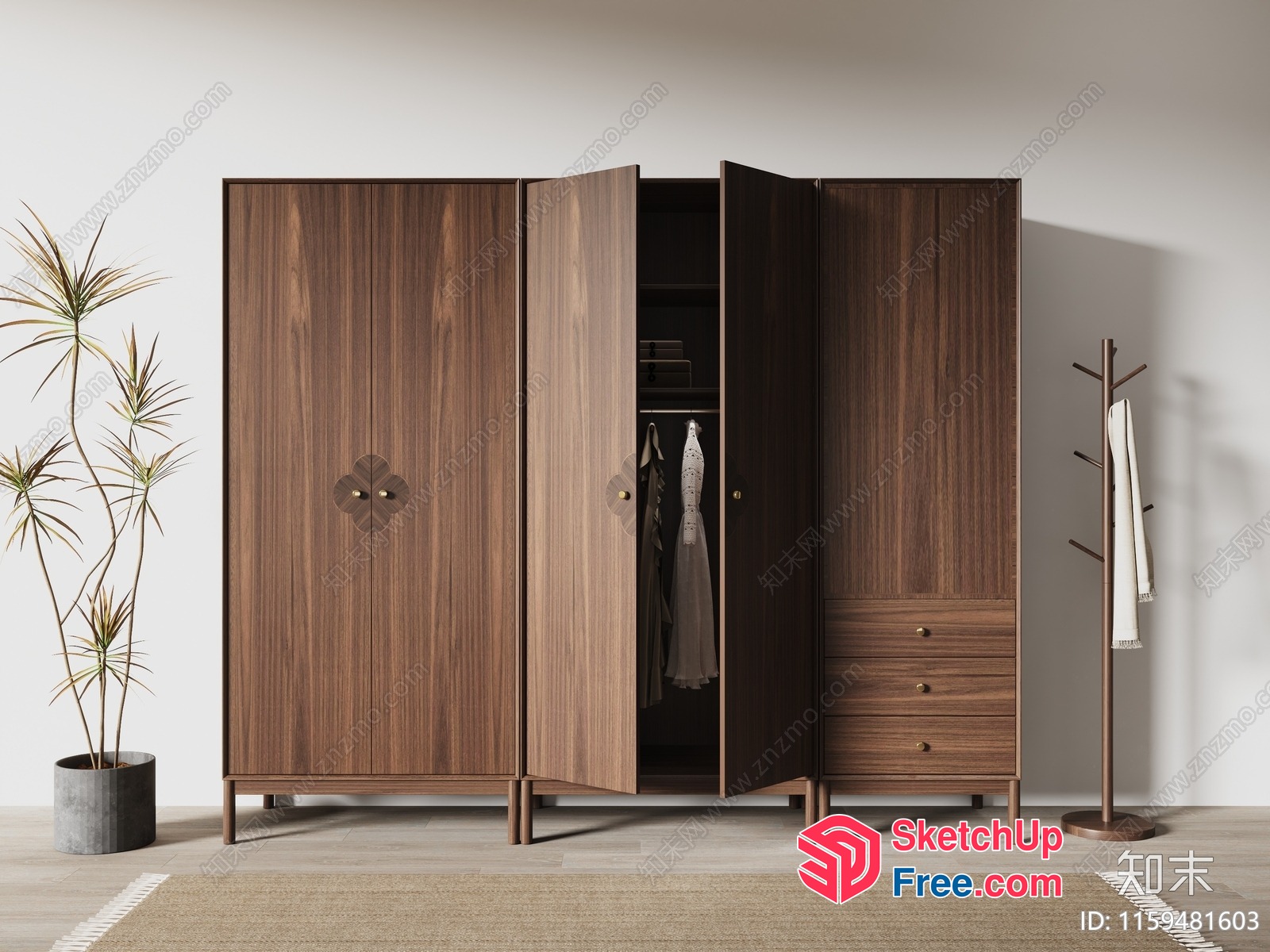Modern Wooden Wardrobe With Hanging Space And Drawers 3D SketchUp File