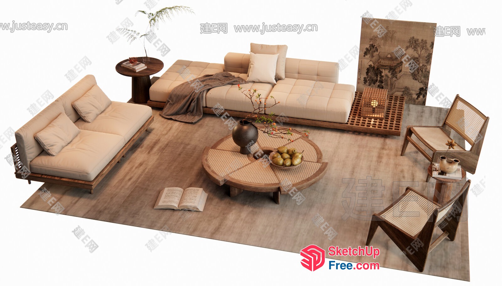 Elegant Japanese Style Living Room Furniture Set 3D SketchUp File