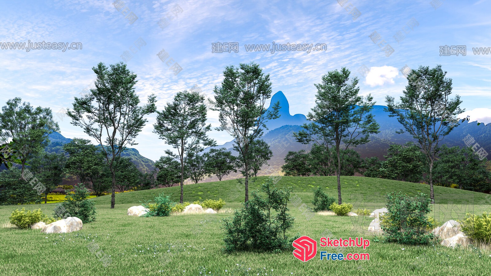 Serene Landscape With Trees, Rocks, And Mountains 3D SketchUp File