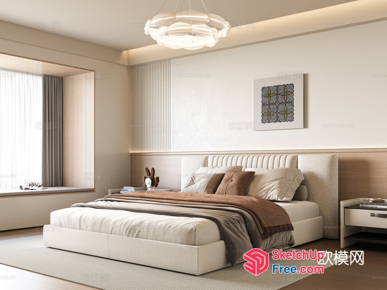 Minimalist Japanese Style Bedroom With Creamy Tone 3D SketchUp File