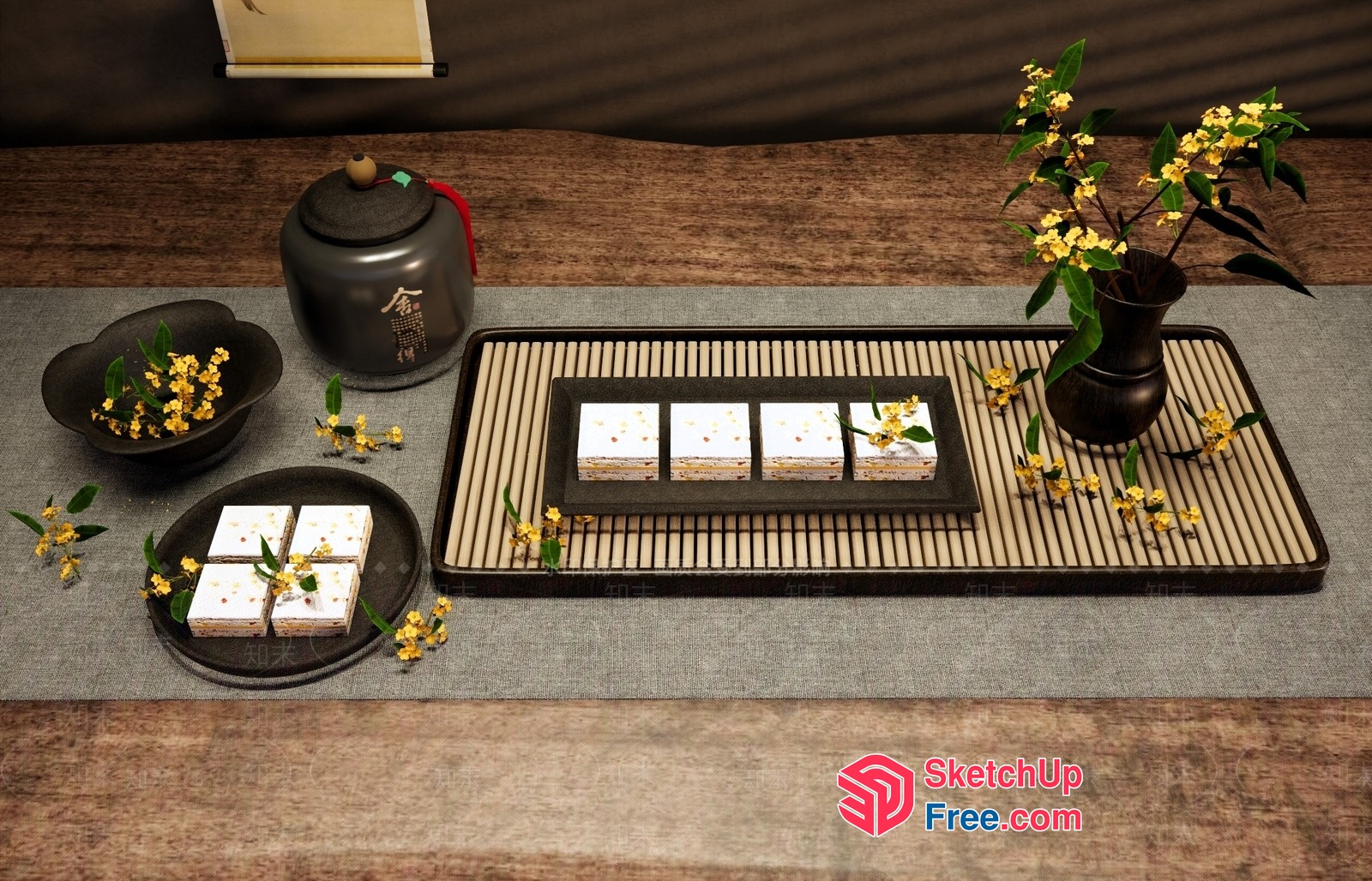 Japanese Inspired Decorative Interior Scene With Yellow Flowers 3D SketchUp File