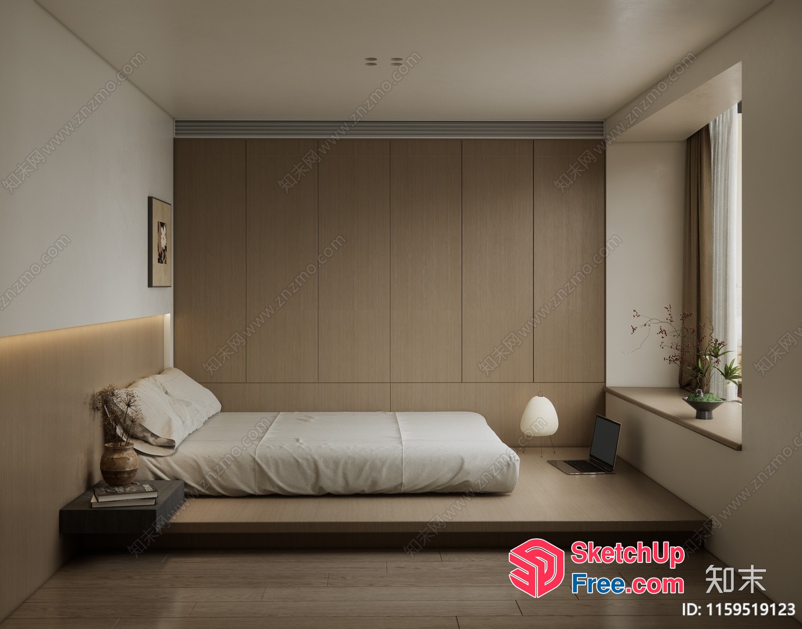 Minimalist Japanese Style Bedroom With Natural Wood Accents 3D SketchUp File