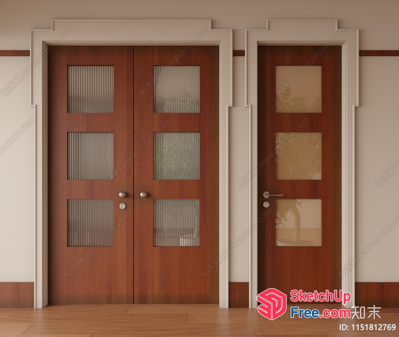 Elegant Wooden Doors With Glass Panels 3D SketchUp File
