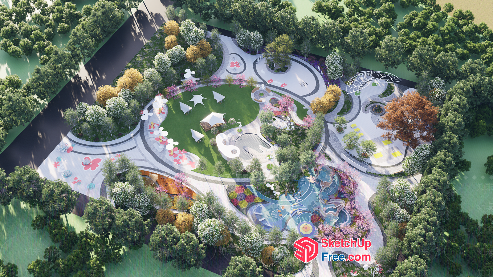 Vibrant Outdoor Park With Colorful Decorations And Play Areas 3D SketchUp File