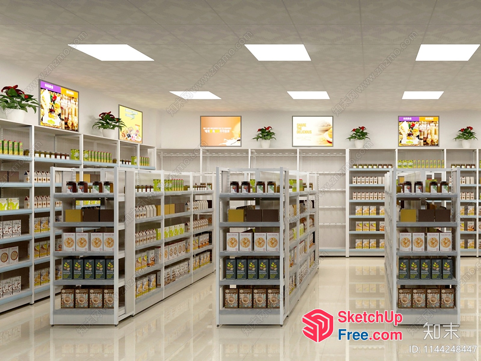 Interior Of A Supermarket With White Shelves And Products 3D SketchUp File