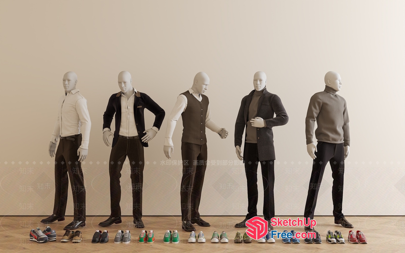 Five Mannequins And Various Shoes 3D SketchUp File
