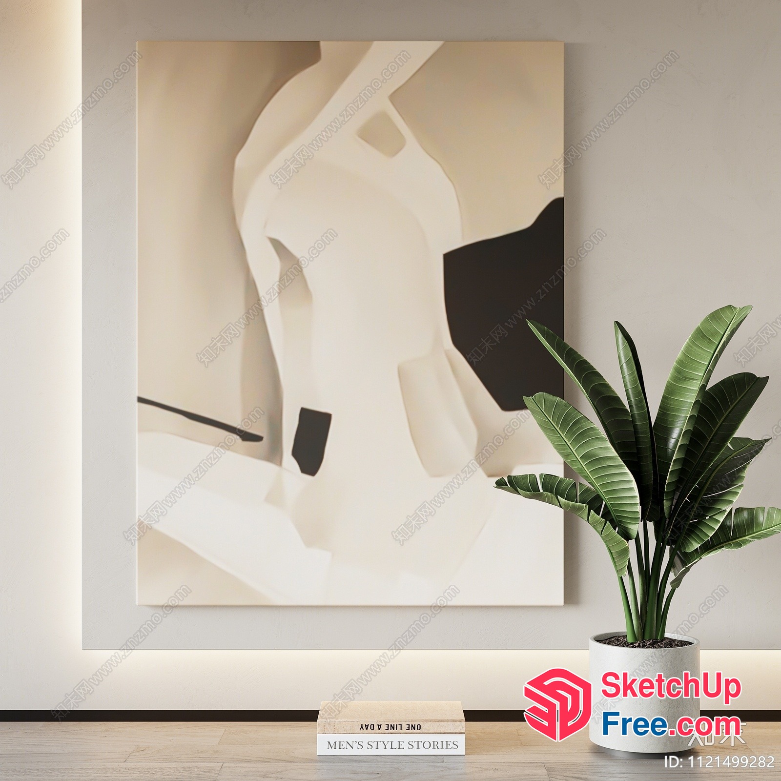 Minimalist Style Living Room With Potted Plant And Abstract Art 3D SketchUp File