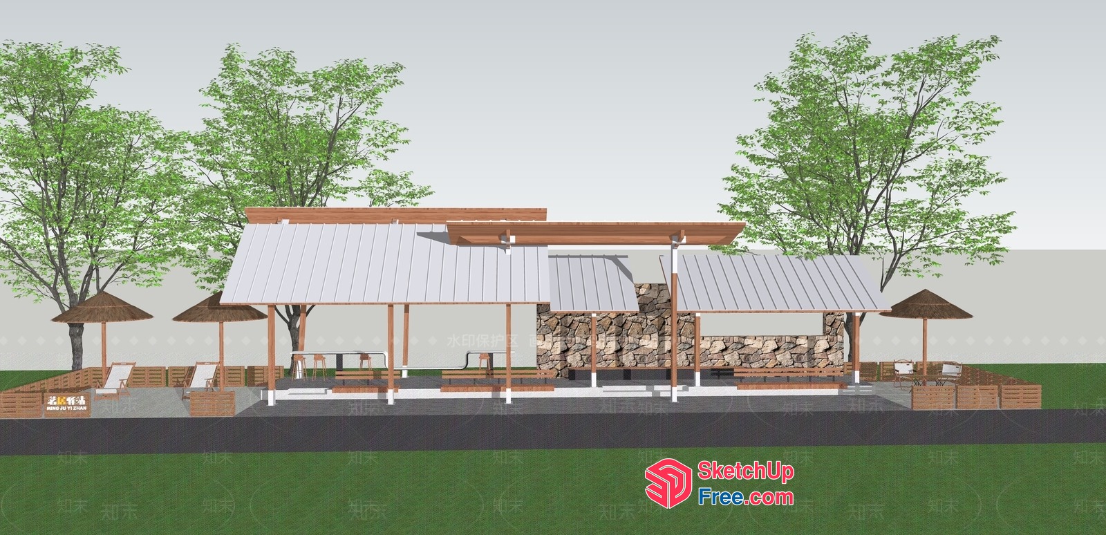 Outdoor Pavilion With Wooden Accents And Thatched Roofs 3D SketchUp File