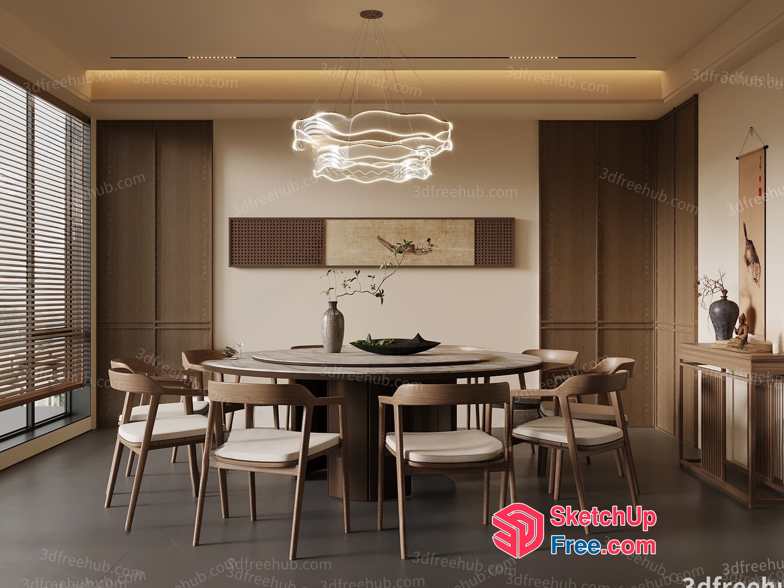 Elegant Modern Dining Room With Round Table And Chandelier 3D SketchUp File