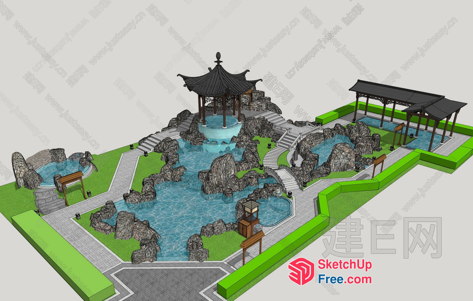Traditional Chinese Water Feature And Pavilion Scene 3D SketchUp File