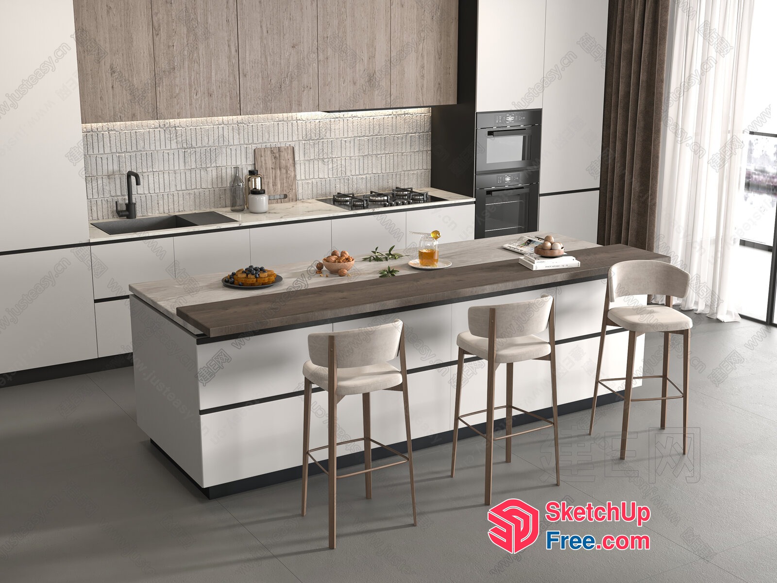 Modern Minimalist Kitchen Island With Wooden Bar Stools 3D SketchUp File