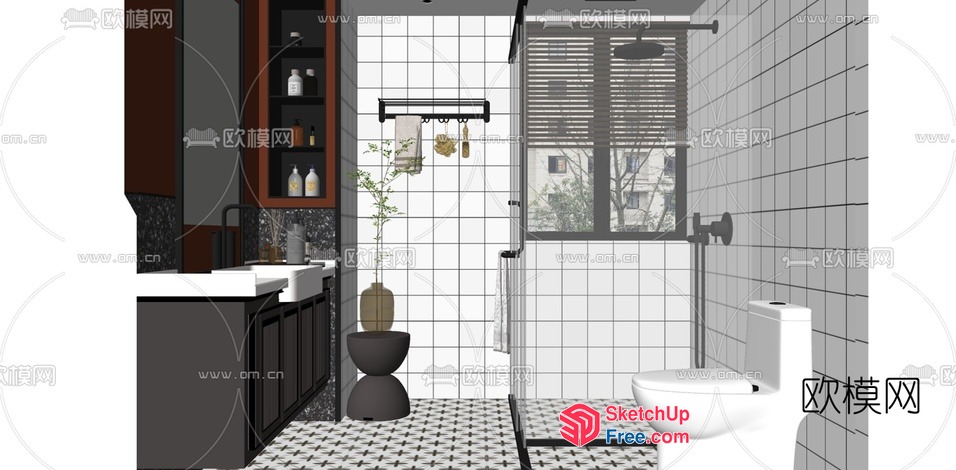 Modern Bathroom Interior With White And Black Tiles 3D SketchUp File