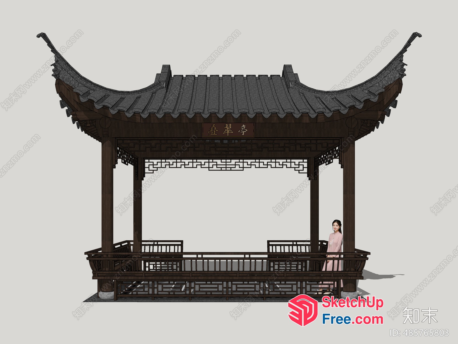 Asian Style Pavilion With Ornate Roof And Railings 3D SketchUp File