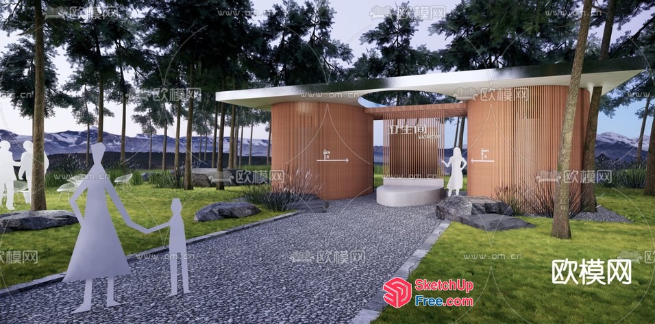 Exterior Scene With A Modern Building And A Gravel Pathway 3D SketchUp File