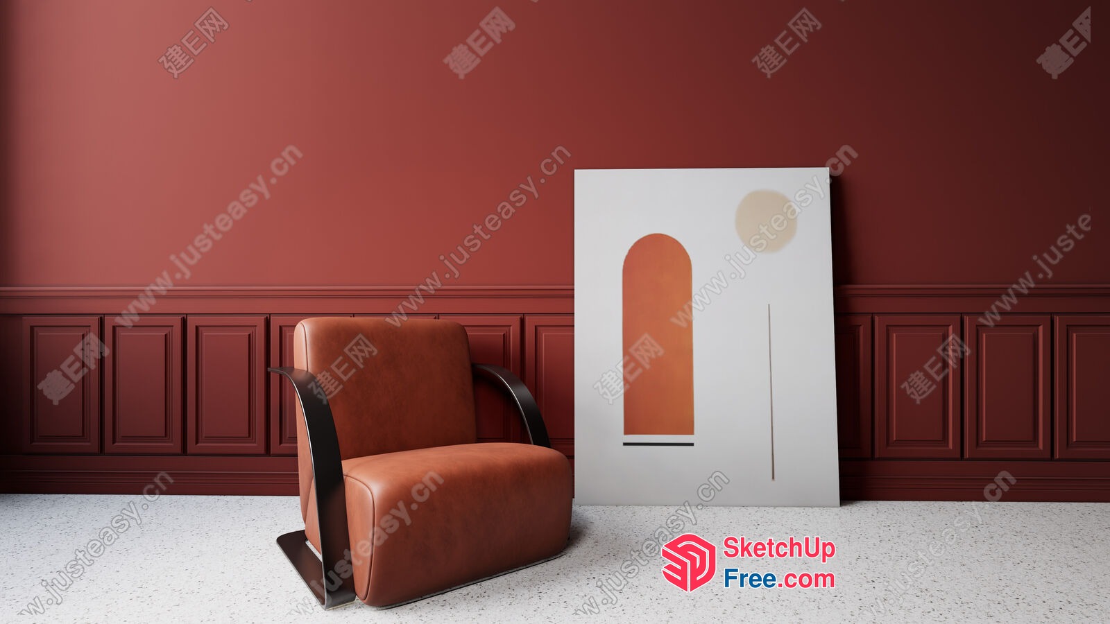 Leather Armchair With Black Accents In A Red Room 3D SketchUp File
