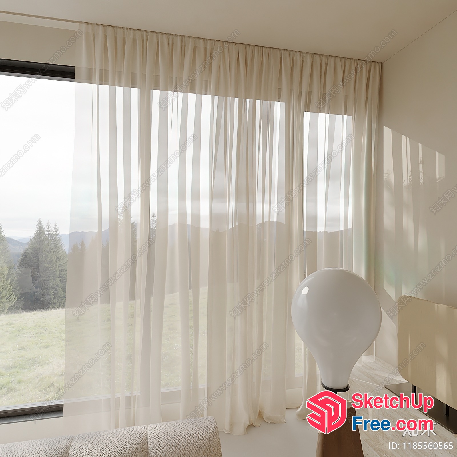 Minimalist Modern Interior With Large Windows And White Curtains 3D SketchUp File