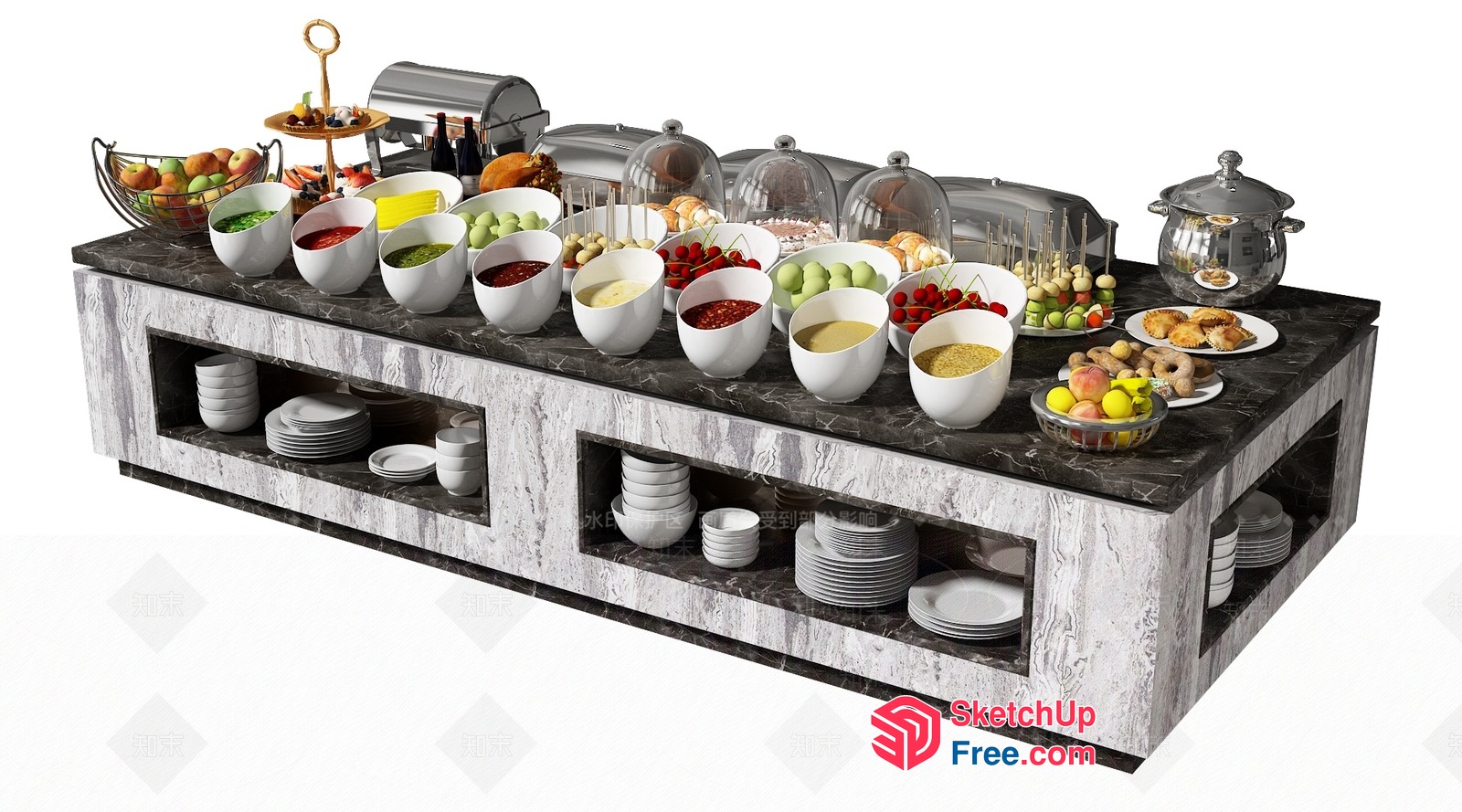 Buffet Table With Assorted Food And Utensils 3D SketchUp File