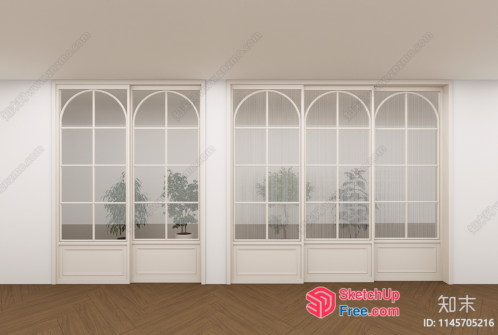 Elegant White Partition Screen With Arched Windows And Plants 3D SketchUp File