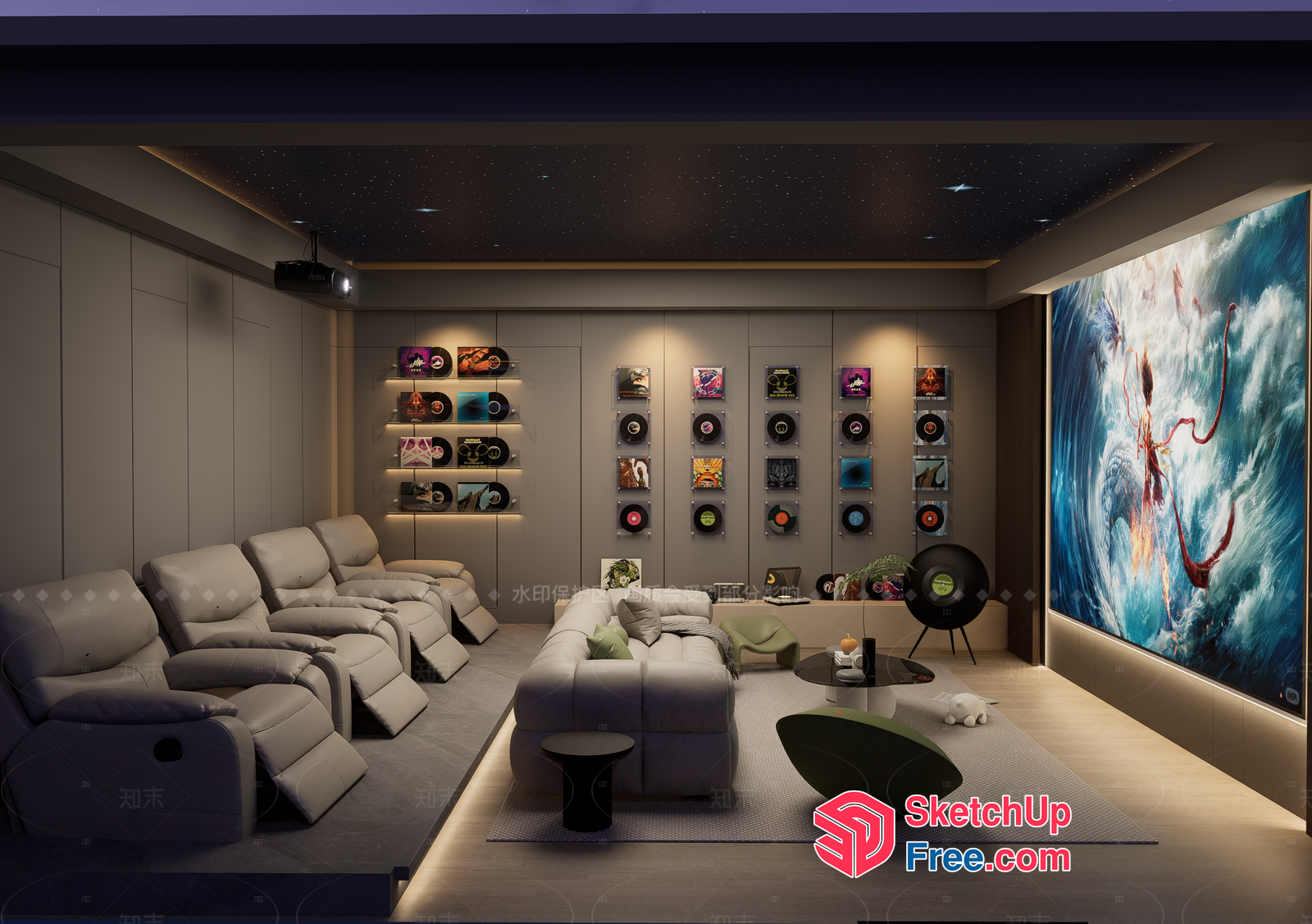 Luxurious Modern Home Theater With Comfortable Seating And Displayed Vinyl Records 3D SketchUp File