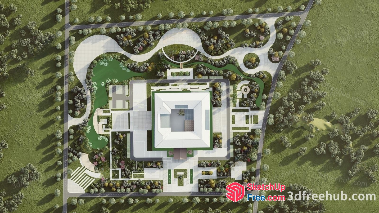 3D Rendering Of A Large, White Building With A Central Courtyard And Surrounding Gardens 3D SketchUp File